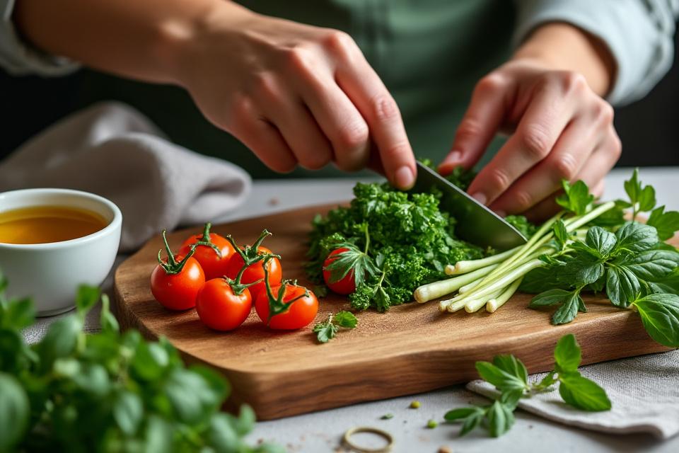 Préparation de légumes frais — planche bois, herbes, lumière naturelle