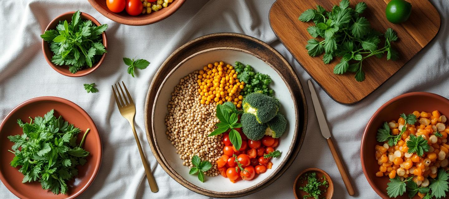Bols de légumes et céréales — lumière matinale, lin